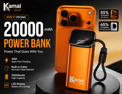 Kamal KPB-17 ProMX 20000mAh 40W Fast Charging Power Bank with LED Display & Built-In Cable