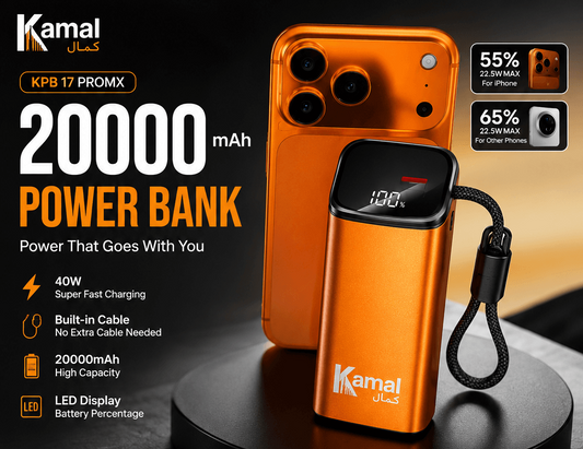 Kamal KPB-17 ProMX 20000mAh 40W Fast Charging Power Bank with LED Display & Built-In Cable