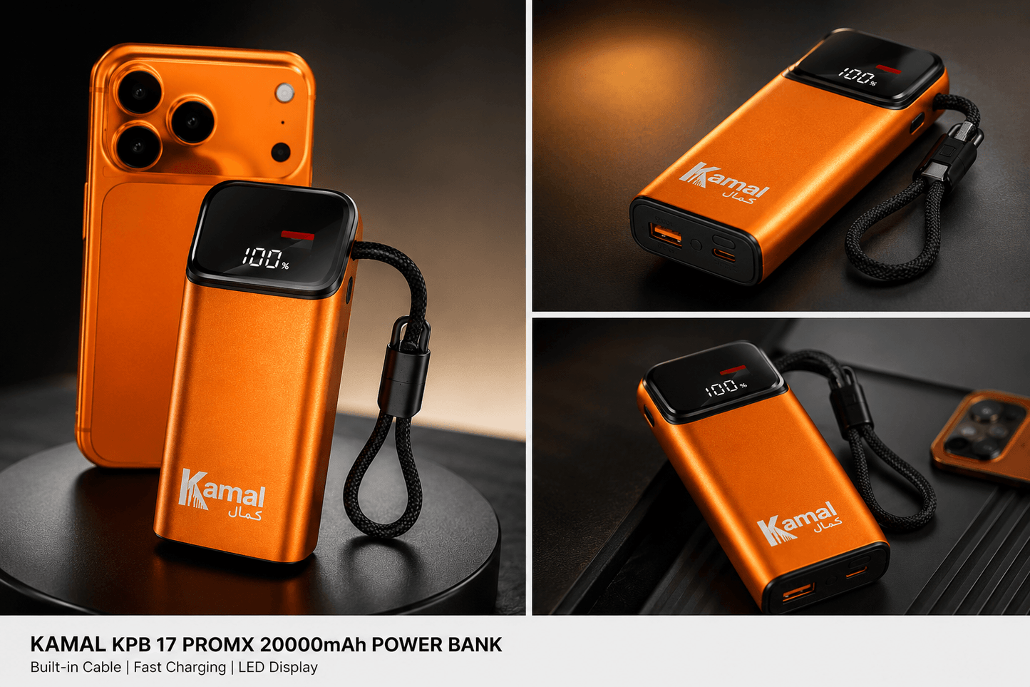 Kamal KPB-17 ProMX 20000mAh 40W Fast Charging Power Bank with LED Display & Built-In Cable