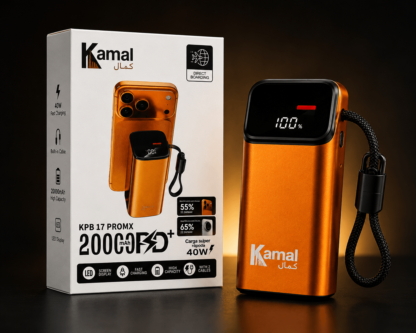 Kamal KPB-17 ProMX 20000mAh 40W Fast Charging Power Bank with LED Display & Built-In Cable