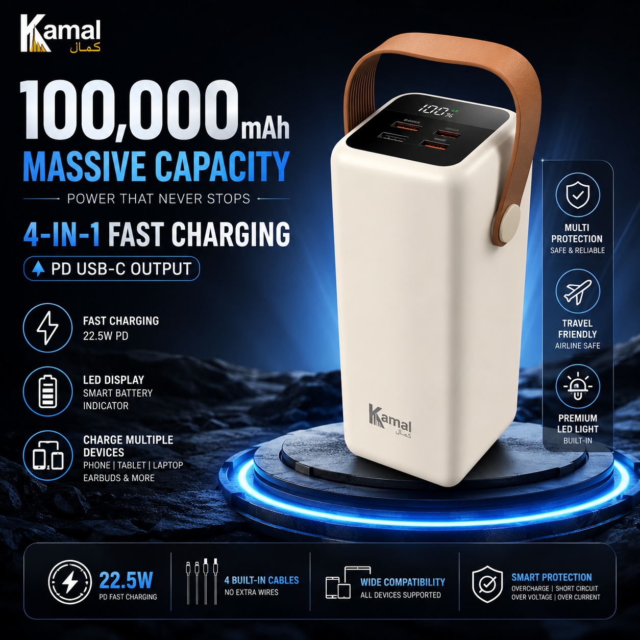 Full Lithuim Battery Kamal 1 Lac mAh Power Bank – Fast Charging 4-in-1 PD & USB-C