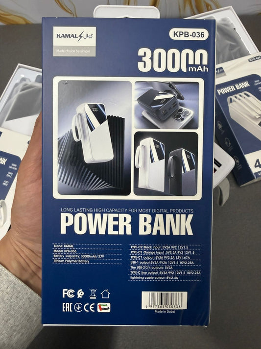 KAMAL 45W Super Fast Charging Power Bank – 30000mAh High-Capacity, 4 Built-in Cables (Type-C, Lightning, USB-A) & LED Display