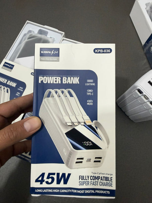 KAMAL 45W Super Fast Charging Power Bank – 30000mAh High-Capacity, 4 Built-in Cables (Type-C, Lightning, USB-A) & LED Display