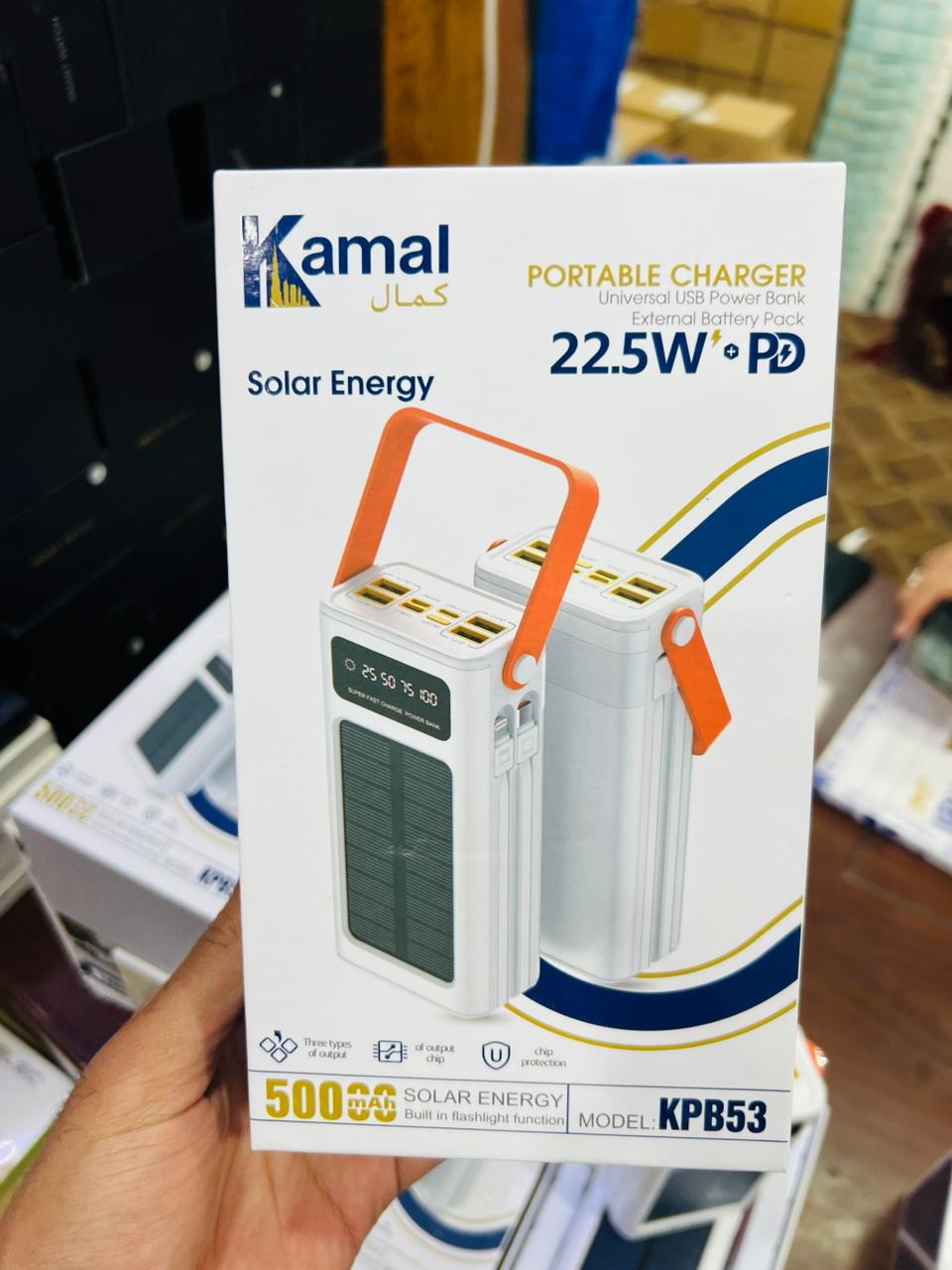 Kamal KPB53 50,000mAh Solar Power Bank – 22.5W PD Fast Charging with 4 Built-in CABLE