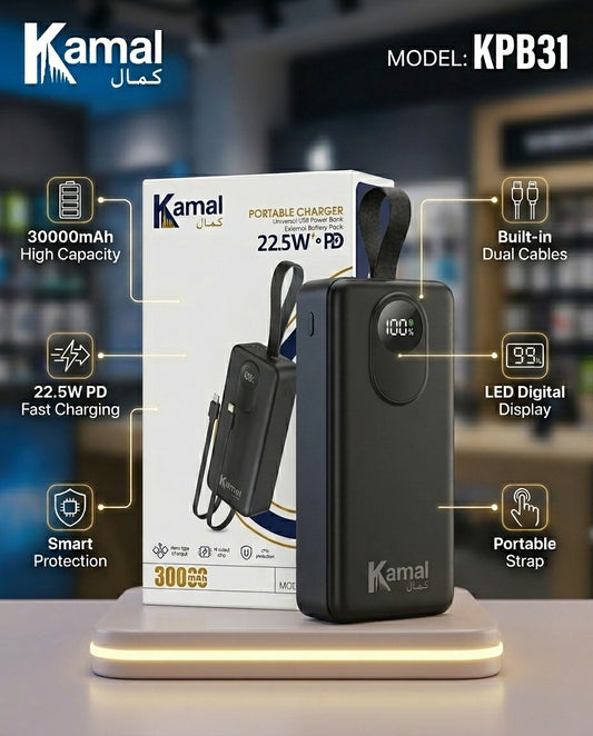 Kamal 30,000mAh Ultra-High Capacity Power Bank Fast Charge | Built-in Cable