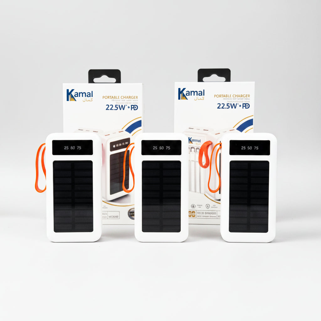 Full Lithium Upgraded Kamal KPB52 50,000mAh Solar Power Bank - 22.5W PD with 4 Built-in CABLE