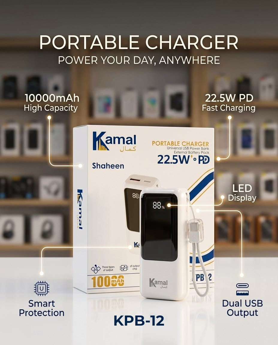 Kamal KPB12 – 10,000mAh, 22.5W Super Fast Charging & Digital Display (Pocket Size)
