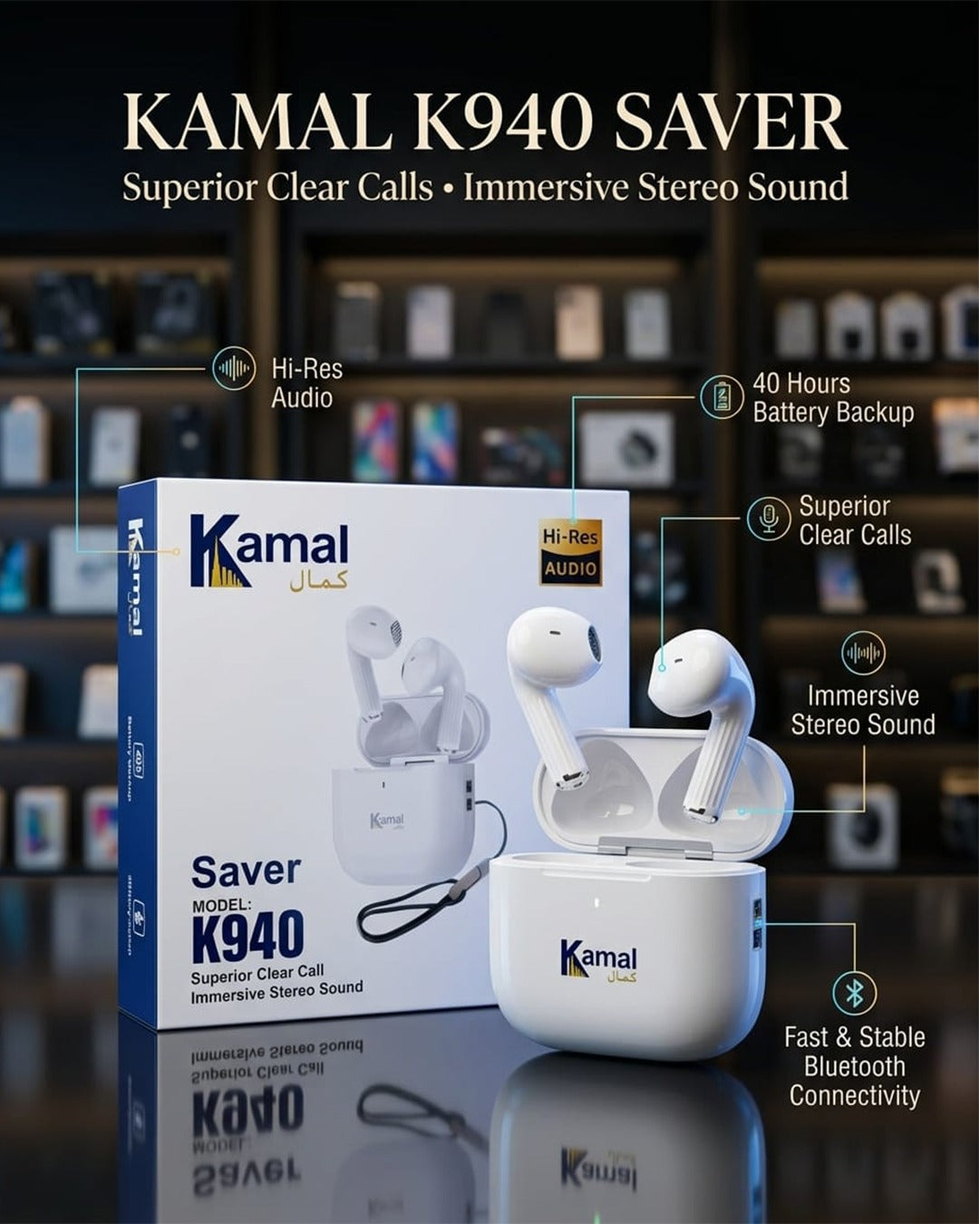 Quality Product Kamal Saver K940 Wireless Earbuds! 40 Hours Battery