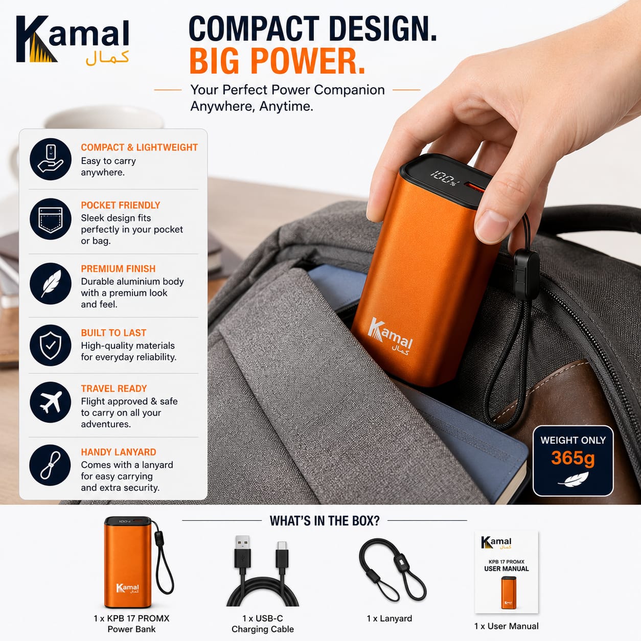 Kamal KPB-17 ProMX 20000mAh 40W Fast Charging Power Bank with LED Display & Built-In Cable