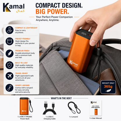 Kamal KPB-17 ProMX 20000mAh 40W Fast Charging Power Bank with LED Display & Built-In Cable