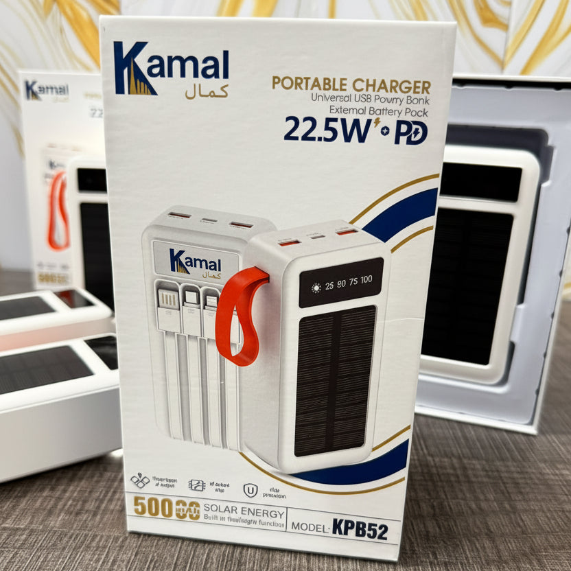 Full Lithium Upgraded Kamal KPB52 50,000mAh Solar Power Bank - 22.5W PD with 4 Built-in CABLE