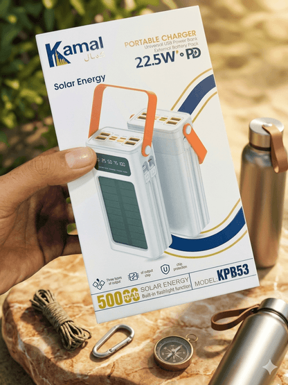 Kamal KPB53 50,000mAh Solar Power Bank – 22.5W PD Fast Charging with 4 Built-in CABLE